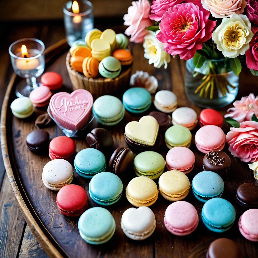 A whimsical display of an assortment of gourmet treats like artisanal chocolates, colorful macarons, and fancy cupcakes artfully arranged on a vintage wooden table. Surrounding the treats are romantic elements such as fresh flowers, heart-shaped decorations, and soft glowing candles, conveying warmth and affection. The background is softly blurred to keep the focus on the delicious confections. pastel colors. dreamy lighting. elegant style.
