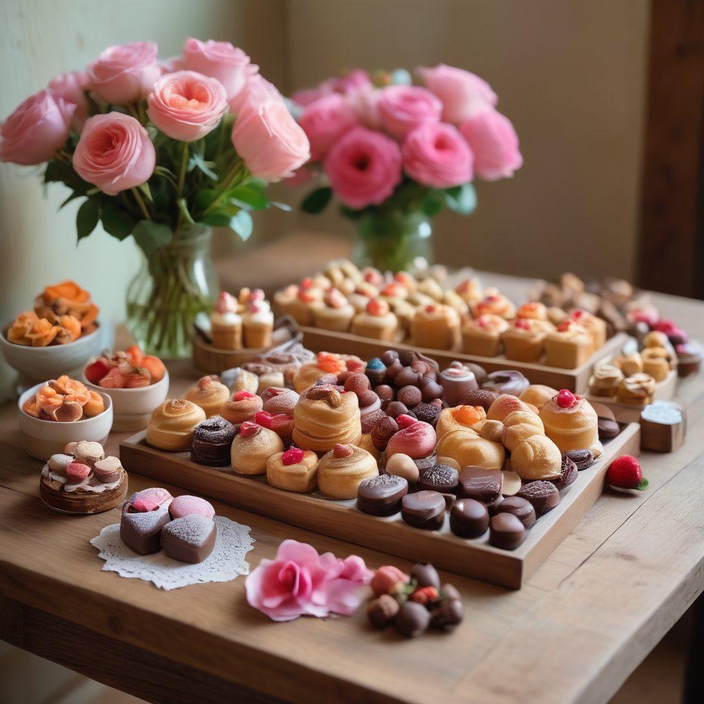 A charming display of artisanal pastries and decadent chocolates arranged on a beautiful wooden table, surrounded by vibrant flowers and delicate heart-shaped decorations. Soft ambient lighting accentuates the sweets, with an inviting atmosphere that evokes warmth and love. Include a couple sharing these treats, enhancing the romantic theme. pastel colors. cozy setting. soft focus.