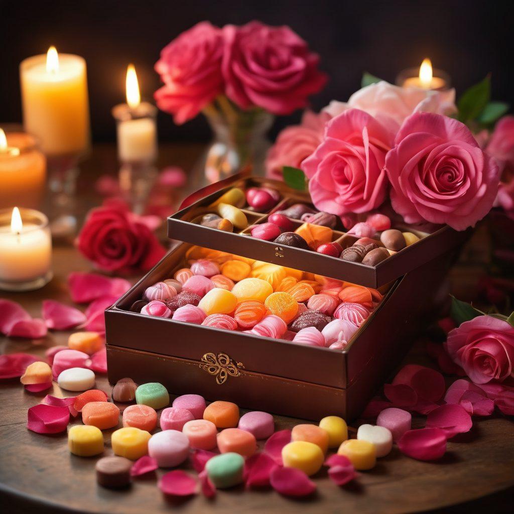 A romantic setting featuring a beautifully arranged candy gift box overflowing with colorful and unique sweets, surrounded by soft candlelight and delicate rose petals on a vintage table. Include a couple's hands reaching for a chocolate treat, conveying affection and sweetness in the atmosphere. The background should be softly blurred with warm tones. super-realistic. vibrant colors. soft focus.